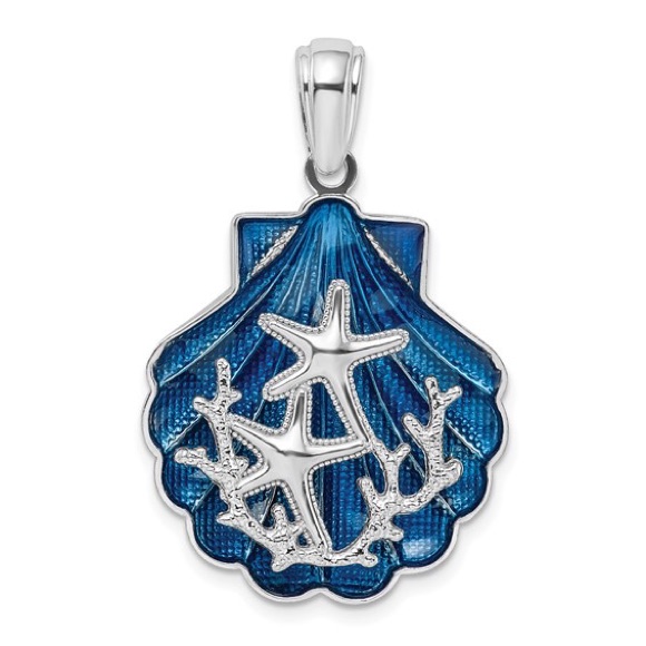 Sterling Silver Polished Enameled Blue Shell With Starfish Pendant